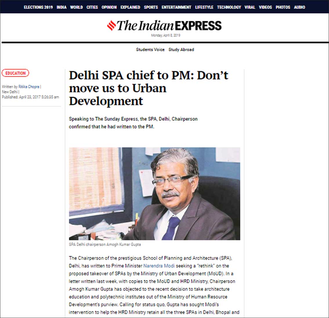 Delhi SPA chief to PM: Don't Move us to Urban Development,The Indian ExPress - April 2017 